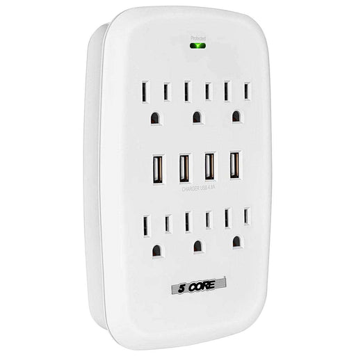 5 Core 6 Outlet Wall Plug Extender with 4 USB Ports (4.8A Total), - The Console Corner
